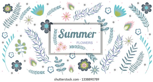 Summer floral banner pattern wiht frame copy space Flowers and branches in pastel colors. Vector illustration