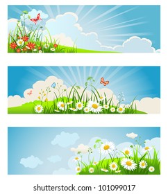 Summer floral banners with sky, clouds, chamomile and butterflies