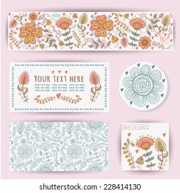 Summer floral banners in vector.  Bright concept cards in retro style. Bright retro ornament is perfect for the original design of wedding cards, invitation to a party or a greeting card. vector