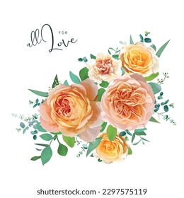 Summer floral bouquet with peach, orange, yellow garden rose flowers, carnation, green baby breath eucalyptus leaves. Watercolor style, editable vector illustration. Botanical wedding invite love card