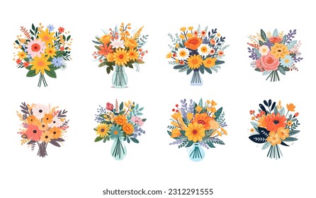 Summer floral bouquet set illustration for invitation, greeting card, poster, frame, wedding, decoration