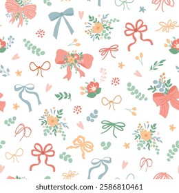 Summer floral bows ribbons, flowers, leaves, bouquet seamless pattern. Cute hand drawn cottagecore print, wallpaper, textile design, repeat background. Preppy vector illustration, wedding decoration.