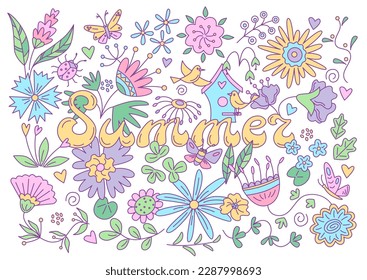 Summer floral card with butterflies and birds. Vector isolated color illustration in doodle style.