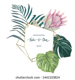 Summer floral card with palm leaves and protea. Vector wedding illustration. Watercolor style