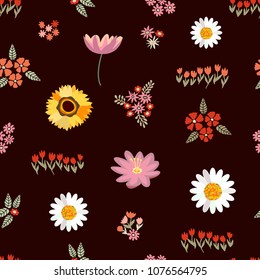 Summer floral carpet. Seamless vector pattern with different floral elements. Chrysanthemums, chamomiles on brown background. Japanese, Chinese, Korean motifs. Vintage textile collection.