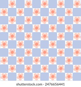 Summer floral checkered seamless pattern. Bold flowers in geometric square shapes. Retro repeat background with hand drawn pink daisy, cute gentle textile design, wallpaper, print. Vector illustration