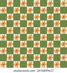 Summer floral checkered seamless pattern. Tropical flowers in green square shapes. Retro repeat background, cute bright jungle textile design, wallpaper, mosaic print. Vector illustration