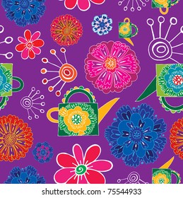 Summer floral design pattern with water cans