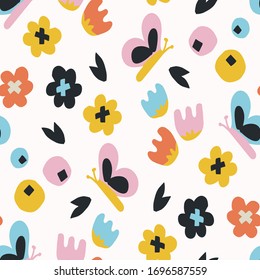 El diseño floral veraniego forma un patrón de fondo vectorial transparente. Papel estilizado cortar mariposas textura de flores. Espectacular muestra de decoración de moda kawaii. Decoración de color plano y luminoso divertida en todo el mundo