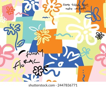 Summer Floral Doodle Line Seamless Pattern Art On Multicolor Square Background  