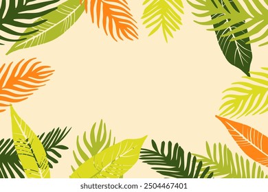 Summer floral frame green background with palm tree, monstera leaves, branches. Copy space. Vector horizontal concept for summer party poster, flyer, web baner, invitation design.