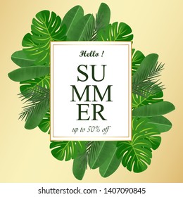 summer floral frame with tropical leaves