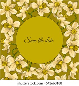 Summer floral frame with yellow narcissus in watercolor style.
