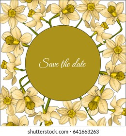 Summer floral frame with yellow narcissus in watercolor style.