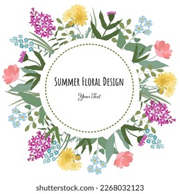Summer floral greeting card template with meadow and garden flowers.