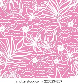 Summer floral hibiscus and leaf vector print seamless pink fashion girls brush stroke sketchy abstract doodle