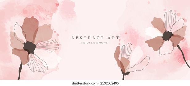 Summer floral line art pattern background. Abstract botanical and red watercolor texture wallpaper with hand drawn flowers. Art design perfect for wall art, banner, wedding, invitation and decor.