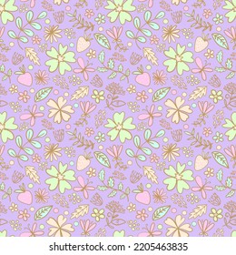 Summer floral meadow seamless pattern with hand draw flowers, strawberries and leaves. Doodle style.
