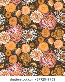 Summer floral pattern with beautiful flower chrysanthemums, buds at different angles in watercolor. Seamless pattern with pink, red plants in vintage style. Autumn flowers. Wallpaper design, textiles