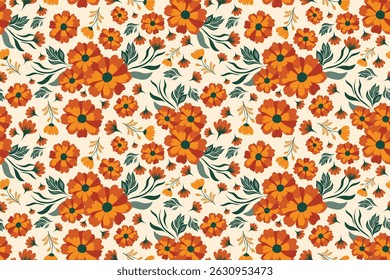 Summer floral pattern, blooming flowers element on seamless pattern. Not AI generate design for fabric textile fashion print wallpaper, orange flowers, carpet, shirt, seamless, vintage  flowers