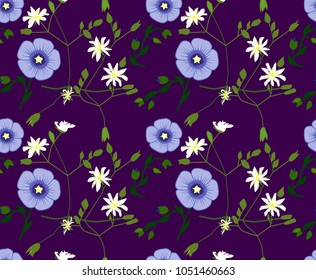 Summer floral pattern with blue and white flowers. Vector illustration