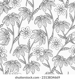 Summer floral pattern with chamomile flowers with stem. Groovy, hippie, naive style for apparel, fabric, textile, surface design. Monochrome illustration on white background