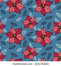 Summer floral pattern with clematis flowers and leves drawn in sketch style on blue background. Seamless vector print for textile, wrapping paper