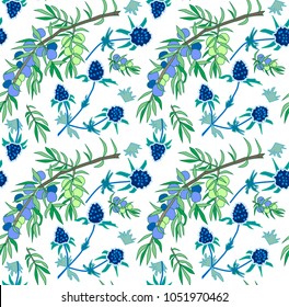 Summer floral pattern with juniper and blue flower. 