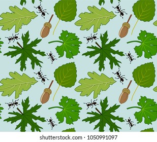 Summer floral pattern with leaves, ants and acorn. Vector illustration