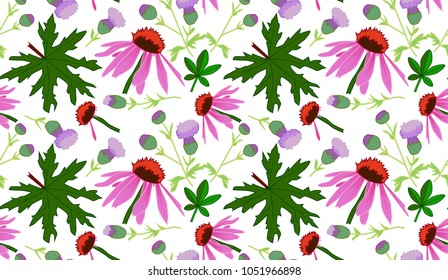 Summer floral pattern with leaves, pink and lilac flowers. Trasparent vector illustration