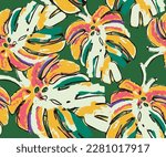 Summer floral pattern looking like unfinished watercolors, tropical leaves pattern perfect for textiles and decoration