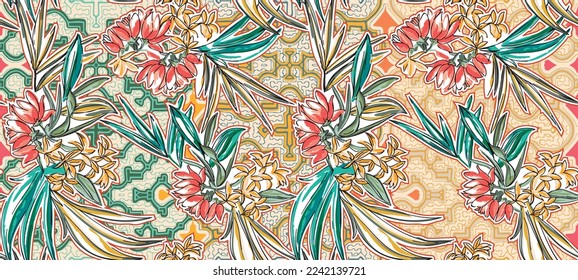 Patrón veraniego floral que parece acuarela inacabada con motivos amazónicos, perfecto para textiles y decoración