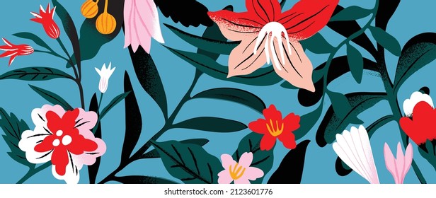 Patrón veraniego floral sobre fondo azul del cielo. Papel de pared botánico con flores rosadas, rojas, blancas, amarillas, hojas verdes y flores. Diseño para banner, impresiones, arte mural, cubierta y decoración casera.