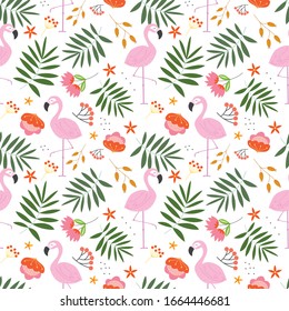 Summer floral pattern with plant,flowers and flamingo in the white backdrop 