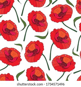 Sommerblumenmuster mit roten blühenden Mohn und grünen Blättern. Vektorgrafiken, geometrische nahtlose Muster.Geeignet für Hintergrund, Stoff, Papier, Kartendekoration, Innendekoration, Kleidungsausdruck
