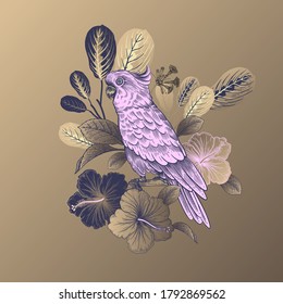 Summer floral pattern. Tropical bird parrot, leaves and flowers isolated on gold background. Gold, black and pink. Vector illustration Vintage. For sublimation printing on T-shirts, pillows, scarves.