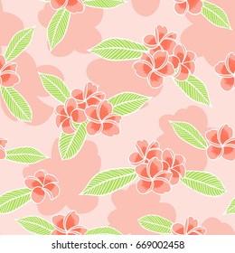Summer floral pattern vector seamless. Outline red frangipani flowers on pink background. Design for tropical fabric, hawaiian textile, exotic wallpaper or wrapping paper.
