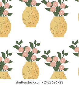 summer floral pattern with yellow vase and flowers with branch. Vector illustration can used for wrapping paper, textile, fabric design, print for clothes, posters. 