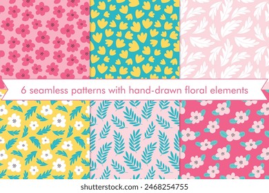Conjunto de patrones sin costuras de verano con Elementos florales. Colección de fondos de Vector de temporada brillantes