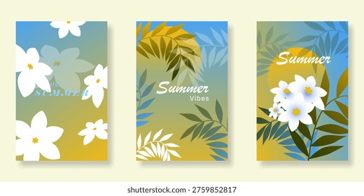 Summer floral poster background vector set with flowers, tropical leaves and exotic garden element design illustration. Suitable for wall art, greetings, invitations, cards and prints.