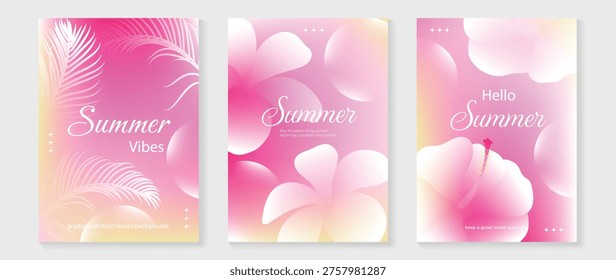 Summer floral poster vector set with pink orange gradient orchid, lily and blossom flowers. Tropical botanical background collection for seasonal promotion, beach holiday flyer, wall art and social media design.