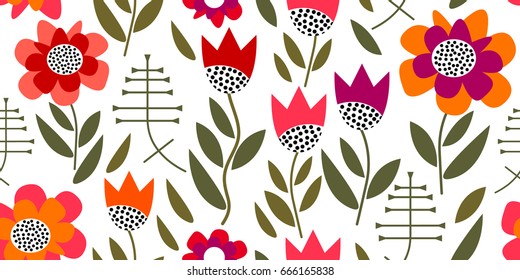 Summer floral print with geometric elements. Seamless vector pattern inspired by 1950s textile design. Poppies and tulips on white background.