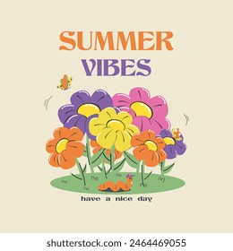 Summer floral print for T-shirt. Poster for the flower festival. Cartoon flowers, butterflies, insects.A cover for social media, a card, a sticker. Flat style. Vector illustration.