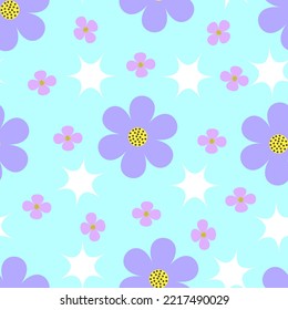Summer floral Scandinavian nursery print  design with purple and pink flowers on a light blue  background.