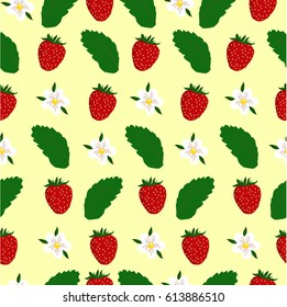 summer floral seamless background with strawberries on a yellow background. template for decorations or wrapping paper for a gift. vector illustration