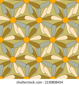 Summer Floral Seamless Pattern 70s Retro style. Vintage Hippie daisy flowers vector illustration. Boho  trendy fabric, textile design, vector background