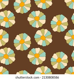 Patrón veraniego Floral Seamless Pattern 70 estilo retro. Ilustración vectorial de flores hippie vintage. Tela boho de moda, diseño textil, fondo vectorial