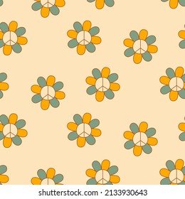 Summer Floral Seamless Pattern 70s Retro style. Vintage Hippie daisy flowers vector illustration. Boho  trendy fabric, textile design, vector background