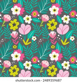 Summer floral seamless pattern. Abstract hand drawn floral decorations on dark background. Cover design for paper notebooks, diaries, planners and organizers. Vector illustration.