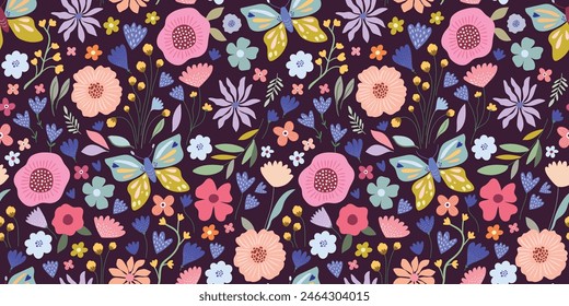 Summer floral seamless pattern with colorful flowers, butterflies and plants, seasonal vegetation, decorative wallpaper, background